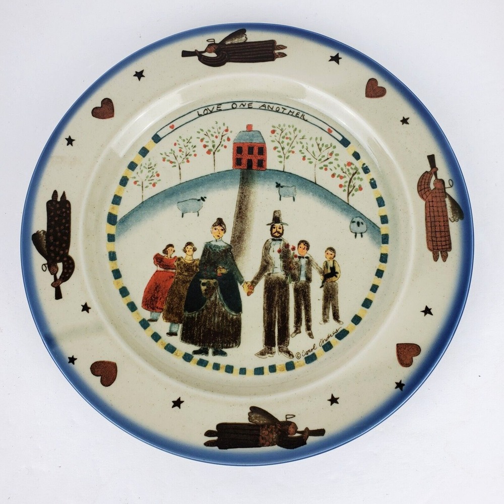 Vtg Otagiri Japan Folk Art Plate Love One Another Family Angels Stoneware 8.25"